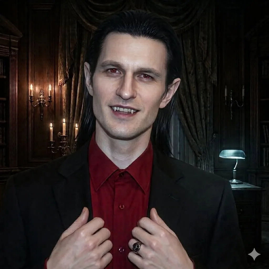 Vampire Ed Scriver holding his lapels.