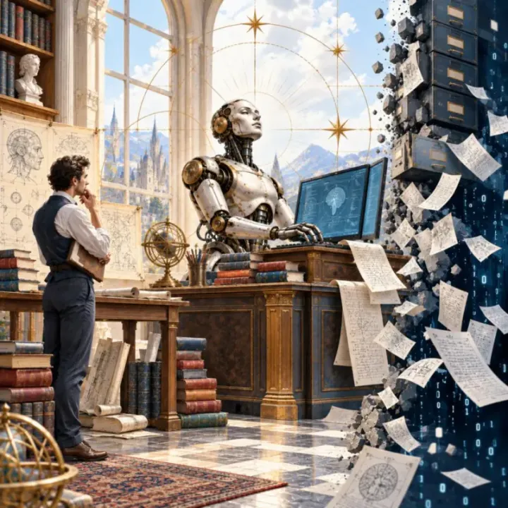 A man in a waistcoat stands in a grand library and watches a robot at a desk, while filing cabinets and papers dissolve into pixels beside them