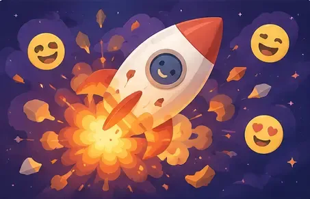 A rocket exploding in space, surrounded by smiling emoji faces