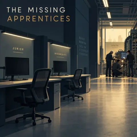 An office with empty desks marked Junior and Intermediate, and a few people working at the far end; the title reads The Missing Apprentices