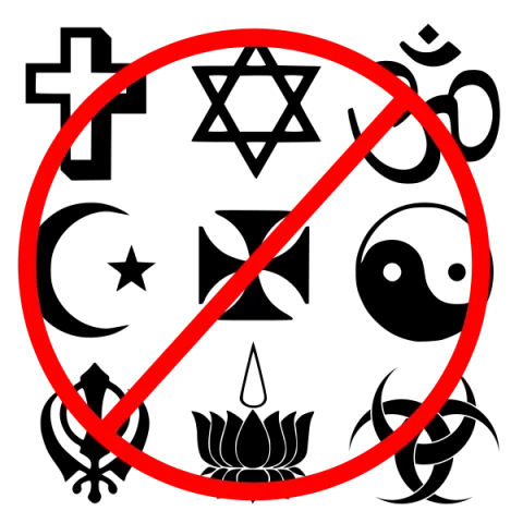 The symbols of many religions, including a cross, a star of David, Om, a crescent, yin and yang, and a lotus, inside a red prohibition sign
