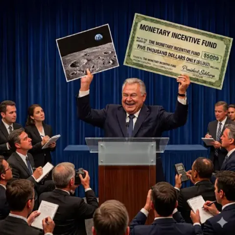 President Schlump beams at a podium, holding up an oversized cheque for five thousand dollars from the Monetary Incentive Fund and a photograph of the Moon, as reporters crowd around him