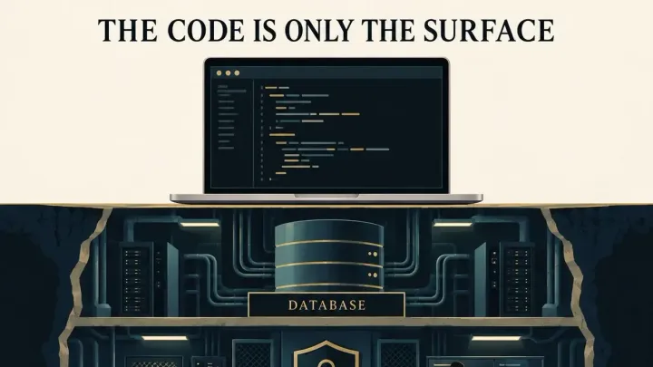 Illustration titled The code is only the surface: a laptop sits on top of cutaway floors labelled Database, Security and Infrastructure