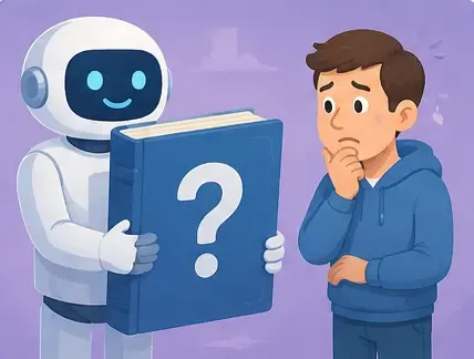 The robot holds a large book marked with a question mark while a puzzled man rubs his chin