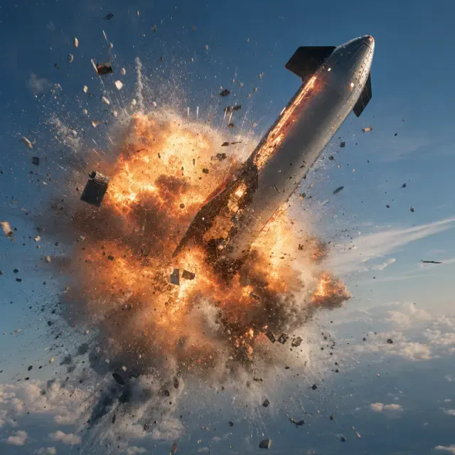 A rocket explodes in a ball of fire against a blue sky