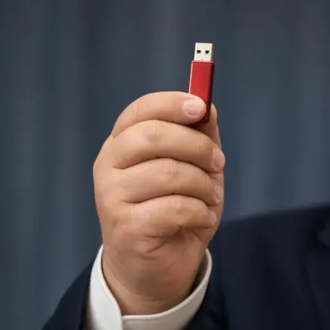 A plump hand holds up a red USB stick