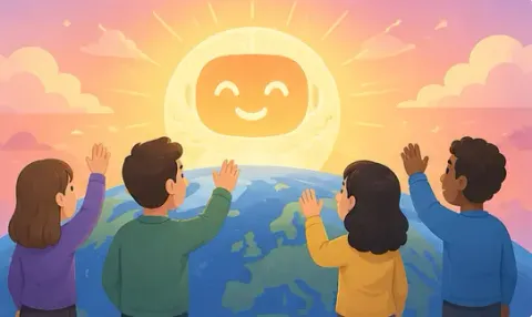 A smiling sun rising over the Earth while four people wave