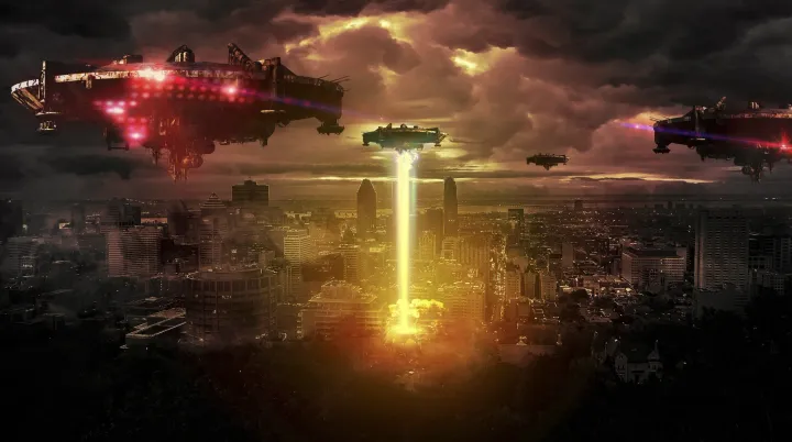 A fleet of huge alien warships hangs over a city at dusk under a stormy sky, one firing a beam of light down into the streets