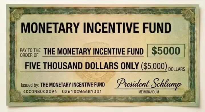 A cheque from the Monetary Incentive Fund for five thousand dollars, signed President Schlump