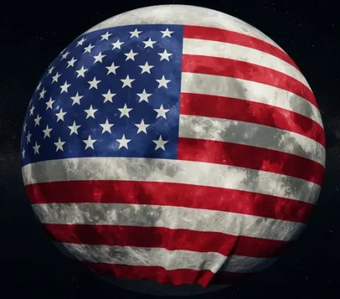 The Moon painted with the American flag, against black space