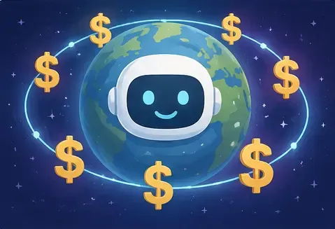 A smiling robot face on the Earth, circled by orbiting dollar signs