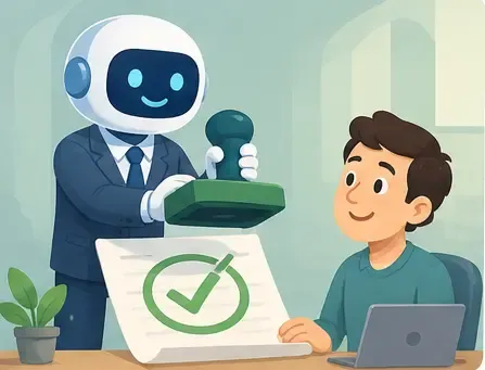 The robot stamps a green tick on a document while a man smiles at his laptop