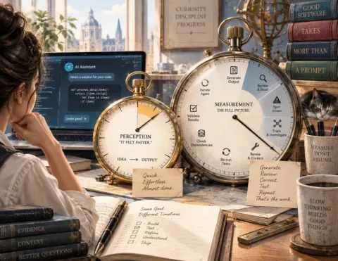 A woman at a desk watches an AI coding assistant on a laptop, beside two large clocks labelled Perception and Measurement