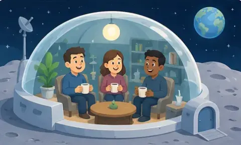 Three people drinking coffee inside a glass dome on the Moon, with Earth in the sky