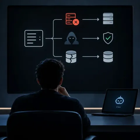 A man seen from behind studies a screen of flow diagrams showing a failed server, a hooded attacker and a broken database, with a small robot laptop beside him