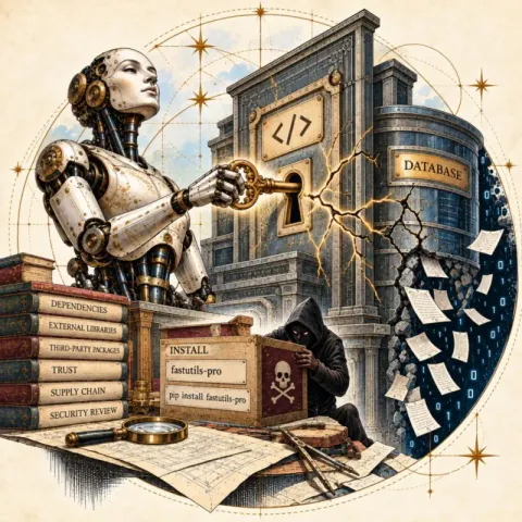 A robot unlocks a database building with a golden key, while a hooded figure beside it holds a box marked with a skull and the words install fastutils-pro