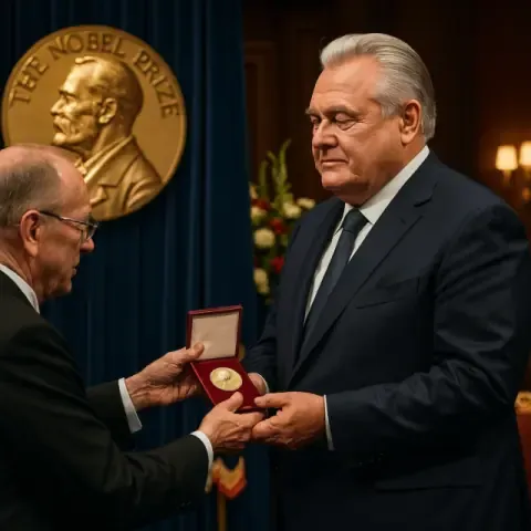 President Schlump, a heavyset older man in a dark suit, is handed a medal in a red case by a man in glasses, in front of a large Nobel Prize medallion