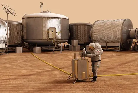 Illustration of a Mars base: cylindrical habitat modules and an astronaut working at equipment on the rust-coloured ground