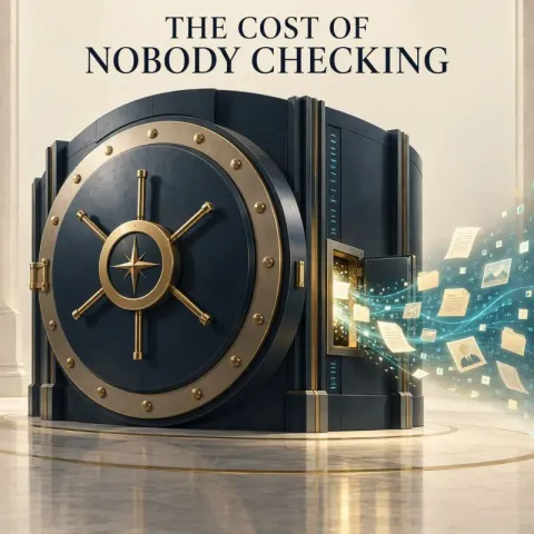 A large steel vault door with gold trim and a stream of documents flowing out of a gap, under the words The Cost of Nobody Checking