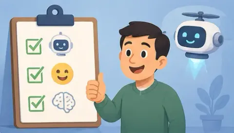 A man gives a thumbs up beside a clipboard of ticked boxes while a small robot hovers nearby