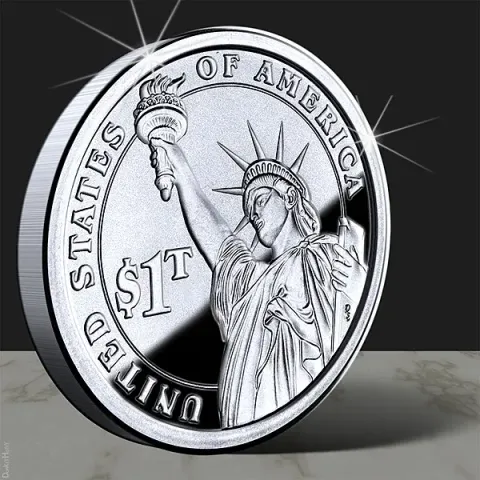 A silver coin marked $1T, showing the Statue of Liberty