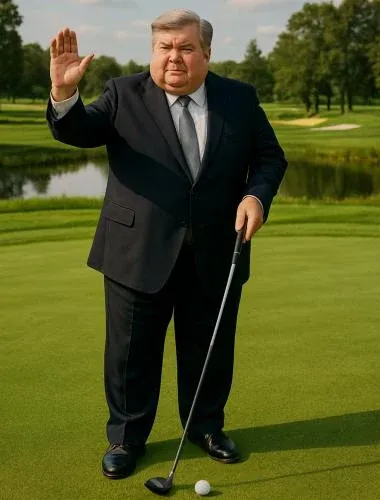 President Schlump stands on a golf course in a dark suit, raising one hand and holding a golf club