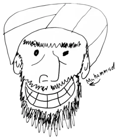 A crude line drawing of a grinning bearded man in a turban, labelled Muhammad