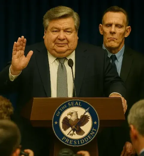 President Schlump raises his right hand at a podium bearing the presidential seal, while a stern man stands behind him and reporters crowd the foreground