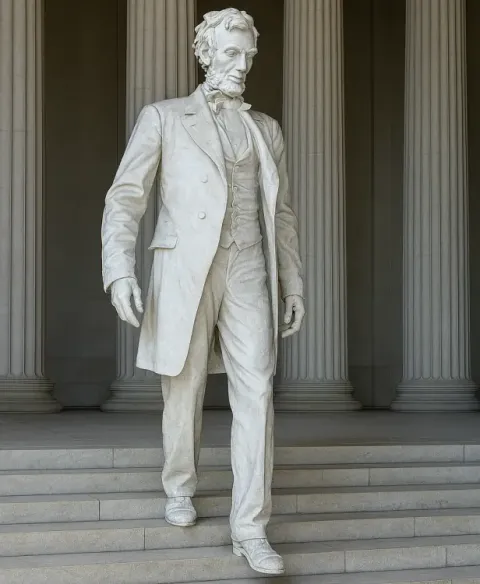 The marble Lincoln statue stepping down from the memorial platform, columns behind him