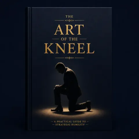 A book cover titled The Art of the Kneel: A Practical Guide to Strategic Humility, showing a man in a suit kneeling in a spotlight
