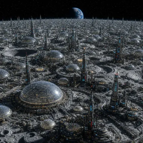 A city of towers and glass domes spreads across the Moon, with the Earth in the black sky above