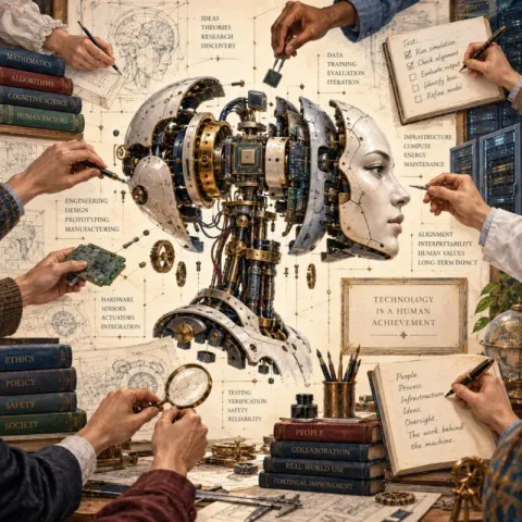 Human hands assemble and inspect a half-built robot with a human-looking face, surrounded by labelled diagrams of research, engineering, ethics and safety
