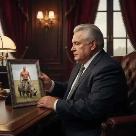 President Schlump, a heavyset man in a suit, sits at a desk in the Oval Office and looks at a framed photograph of a shirtless man riding a rhinoceros