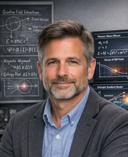 A bearded man in a grey jacket and blue shirt in front of blackboards covered in physics equations